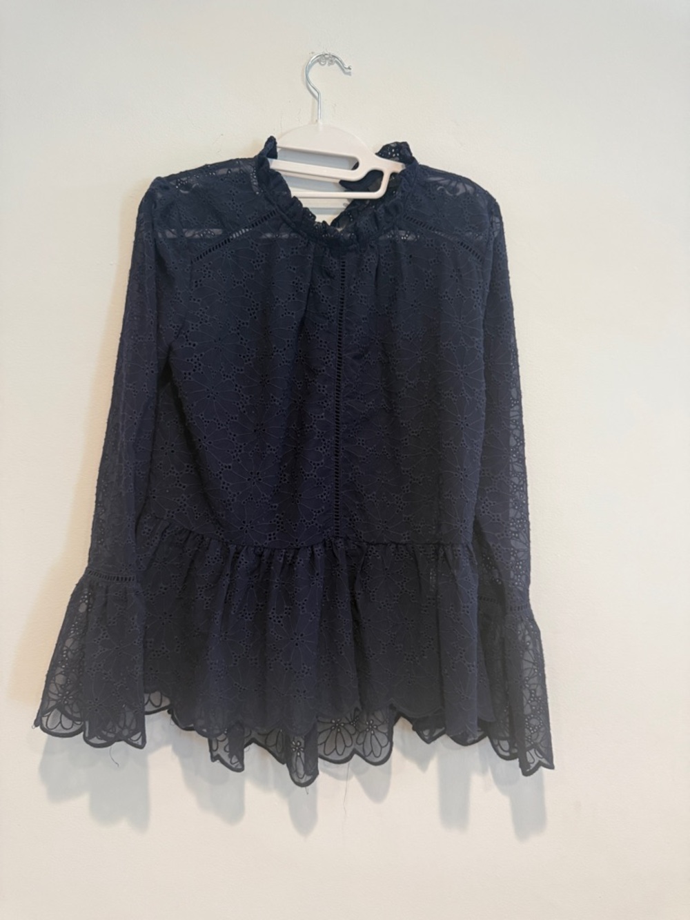 Women's Navy Lace Peplum Long-Sleeve Blouse